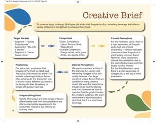 Creative Brief
To convince busy, on-the-go 18-49 year old adults that Snapple is a fun, refreshing beverage that offers a
variety of flavors to compliment or enhance their mood.
Target Markets
• Segment 1- “Young
Professionals”
• Segment 2- “The 9 to
5 Worker”
• Segment 3- “Home
Sweet Home”
Competitors
• Direct Competitors:
Lipton, Arizona, Brisk,
Wawa Brand
• Indirect Competitors:
Energy drinks, soda, juice
drinks, and sports drinks
Current Perceptions
For the Heartland users, there is
a high awareness of Snapple
and a high top of mind
awareness. From our research,
consumers view Snapple as a
good tasting premium brand.
However, many consumers
choose the competition due to
the cost effective value and their
loyalty to other brands.
For the Non-Heartland users,
there is a high awareness of
Snapple, but a low top of mind
awareness.
Desired Perceptions
We want consumers to think of
the brand as fun, quirky, and
refreshing. Snapple is fun and
quirky because of its large
variety of unique flavors that are
suitable for every person’s
mood. We want the brand to be
thought of as youthful (daring,
new, fun), however we have to
maintain that the product is also
for a mature audience. We want
consumers to see this product
and think that it is a must have
beverage.
Positioning
Our vision is to emphasize that
Snapple is the most fun-filled Iced
Tea/Juice Drink choice out there! The
endless refreshing variety of flavors
offer a chance to find the perfect one
to fit your mood. Whether you want to
be daring with Kiwi Strawberry or
simple with Lemon Iced Tea.
Unique Selling Point
Variety. The unique and wide range of flavors
differentiates itself from the competitors and
offers a memorable experience to the
consumers instead of just offering an
ordinary drink.10
The REAL Snapple Planbook.qxp 5/24/16 10:28 PM Page 10
 