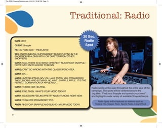 11
Traditional: Radio
Radio spots will be used throughout the entire year of the
campaign. The spots will be centered around the
big idea: “Find your Snapple and quench your mood”
and highlight a wide variety of available Snapple flavors.
30 Sec.
Radio
Spot
Radio Spots will be featured on stations such as:
Today’s Hits, Classic Rock, Sports Radio, & Light Rock
DATE: 2017
CLIENT: Snapple
RE: (:30 Radio Spot) – “INDECISIVE”
SFX: (INSTRUMENTALSUPERMARKET MUSIC PLAYING IN THE
BACKGROUNDALONG WITH LOW CHATTER FROM OTHER
SHOPPERS)
MAN 1: MAN, THERE IS SO MANY DIFFERENT FLAVORS OF SNAPPLE, I
DON’T EVEN KNOW WHERE TO BEGIN!
MAN 2: CAN’T GO WRONG WITH THE CLASSIC PEACH TEA.
MAN 1: OK…
MAN 2: (INTERRUPTING) NO- YOU HAVE TO TRY KIWI STRAWBERRY.
THE FLAVOR IS MIND BLOWING. NO, WAIT. SNAPPLEAPPLE. IT IS THE
PERFECT COMBINATION OFAPPLEAND …
MAN 1: YOU’RE NOT HELPING.
MAN 2: FINE, THEN. WHAT’S YOUR MOOD TODAY?
MAN 1: I GUESS I’M FEELING PRETTYADVENTUROUS RIGHT NOW.
MAN 2: THAN KIWI STRAWBERRY IT IS.
ANSR: FIND YOUR SNAPPLEAND QUENCH YOUR MOOD TODAY.
The REAL Snapple Planbook.qxp 5/24/16 10:28 PM Page 11
 