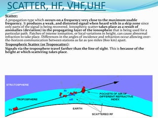 SCATTER, HF, VHF,UHF
Scatter:
A propagation type which occurs on a frequency very close to the maximum usable
frequency. It produces a weak, and distorted signal when heard with in a skip zone since
only parts of the signal is being recovered. Ionospheric scatter takes place as a result of
anomalies (deviation) in the propagating layer of the ionosphere that is being used for a
particular path. Patches of intense ionisation, or local variations in height, can cause abnormal
refraction to take place. Differences in the angles of incidence and refraction occur allowing over-
the-horizon communication between stations as far as 500 miles (800 km) apart.
Tropospheric Scatter (or Troposcatter):
Signals via the troposphere travel farther than the line of sight. This is because of the
height at which scattering takes place.
 
