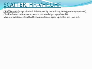 SCATTER, HF, VHF,UHF
Chaff Scatter (strips of metal foil sent out by the military during training exercises).
Chaff helps to confuse enemy radars but also helps to produce DX.
Maximum distances for all reflection modes are again up to 800 km (500 mi).
 