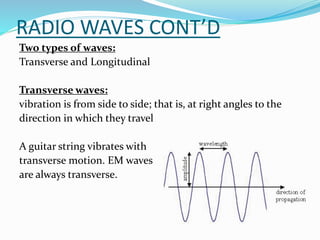 RADIO WAVES CONT’D
Two types of waves:
Transverse and Longitudinal
Transverse waves:
vibration is from side to side; that is, at right angles to the
direction in which they travel
A guitar string vibrates with
transverse motion. EM waves
are always transverse.
 