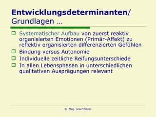 Entwicklungsdeterminanten / Grundlagen … Systematischer Aufbau  von zuerst reaktiv organisierten Emotionen (Primär-Affekt) zu reflektiv organisierten differenzierten Gefühlen Bindung versus Autonomie Individuelle zeitliche Reifungsunterschiede In allen Lebensphasen in unterschiedlichen qualitativen Ausprägungen relevant 