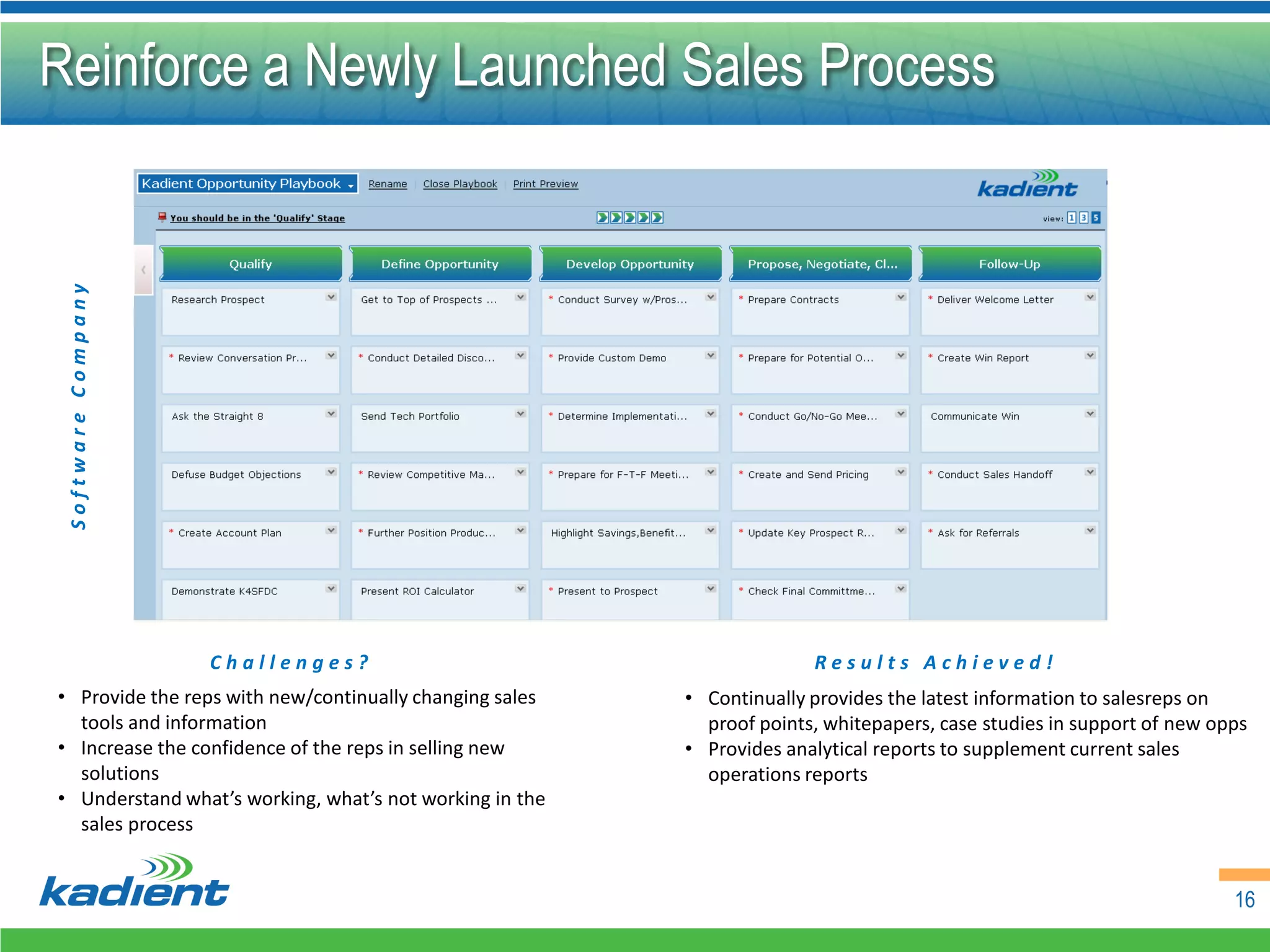 Reinforce a Newly Launched Sales Process
                                                                           Our internal Opportunity Playbook to
                                                                           assist our salesreps with net new
                                                                           opportunities.
 Software Company




                    Challenges?                                        Results Achieved!
• Provide the reps with new/continually changing sales   • Continually provides the latest information to salesreps on
  tools and information                                    proof points, whitepapers, case studies in support of new opps
• Increase the confidence of the reps in selling new     • Provides analytical reports to supplement current sales
  solutions                                                operations reports
• Understand what’s working, what’s not working in the
  sales process


                                                                                                                       16
 