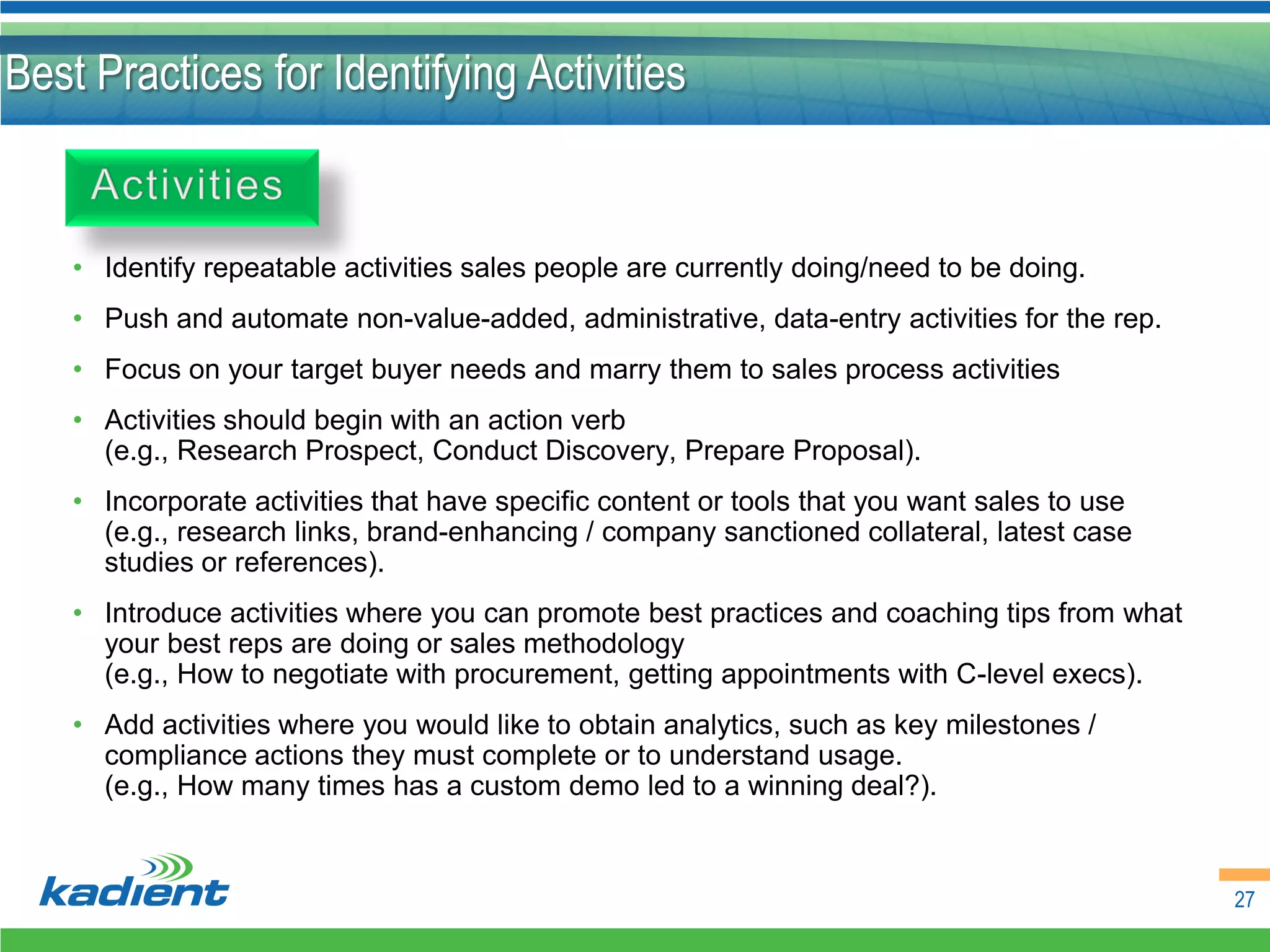 Best Practices for Identifying Activities


    • Identify repeatable activities sales people are currently doing/need to be doing.
    • Push and automate non-value-added, administrative, data-entry activities for the rep.
    • Focus on your target buyer needs and marry them to sales process activities
    • Activities should begin with an action verb
      (e.g., Research Prospect, Conduct Discovery, Prepare Proposal).
    • Incorporate activities that have specific content or tools that you want sales to use
      (e.g., research links, brand-enhancing / company sanctioned collateral, latest case
      studies or references).
    • Introduce activities where you can promote best practices and coaching tips from what
      your best reps are doing or sales methodology
      (e.g., How to negotiate with procurement, getting appointments with C-level execs).
    • Add activities where you would like to obtain analytics, such as key milestones /
      compliance actions they must complete or to understand usage.
      (e.g., How many times has a custom demo led to a winning deal?).


                                                                                              27
 