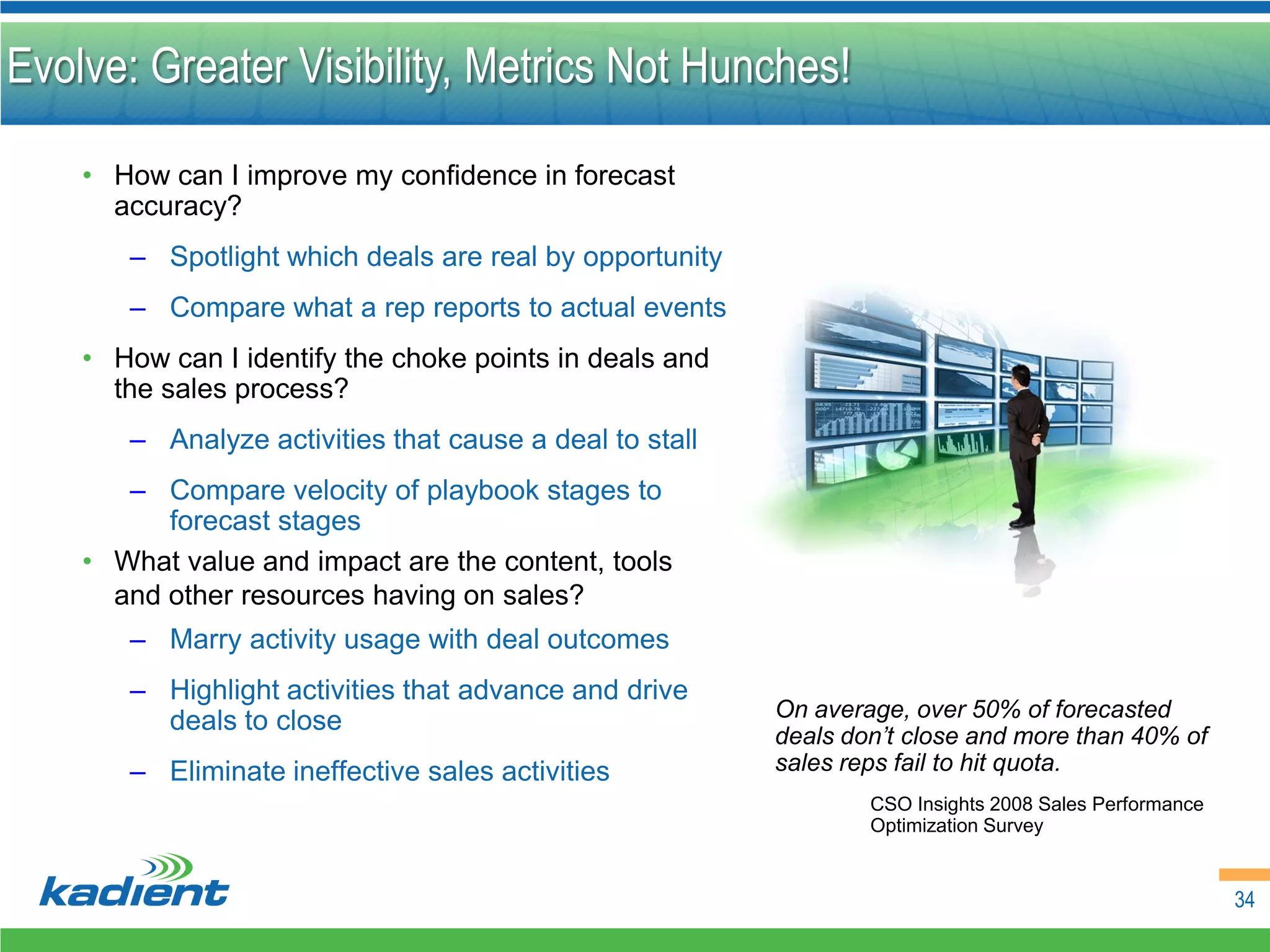 Evolve: Greater Visibility, Metrics Not Hunches!

    • How can I improve my confidence in forecast
      accuracy?
       – Spotlight which deals are real by opportunity
       – Compare what a rep reports to actual events
    • How can I identify the choke points in deals and
      the sales process?
       – Analyze activities that cause a deal to stall
       – Compare velocity of playbook stages to
          forecast stages
    • What value and impact are the content, tools
      and other resources having on sales?
       – Marry activity usage with deal outcomes
       – Highlight activities that advance and drive
         deals to close                                  On average, over 50% of forecasted
                                                         deals don’t close and more than 40% of
       – Eliminate ineffective sales activities          sales reps fail to hit quota.
                                                                 CSO Insights 2008 Sales Performance
                                                                 Optimization Survey


                                                                                                       34
 