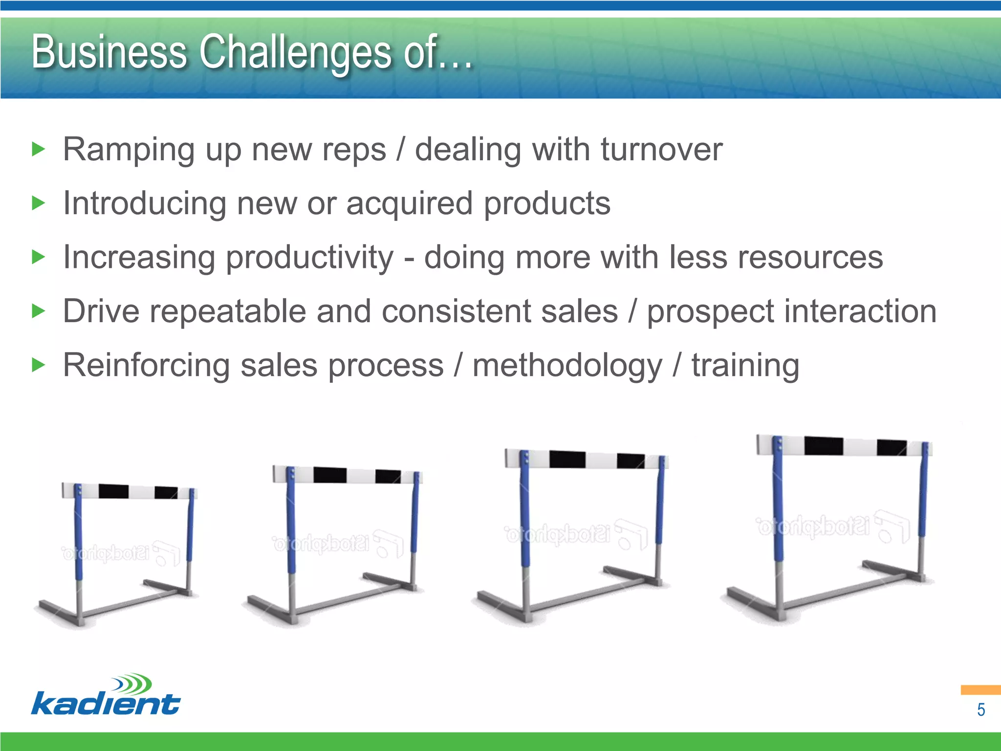 Business Challenges of…
▶ Ramping up new reps / dealing with turnover
▶ Introducing new or acquired products
▶ Increasing productivity - doing more with less resources
▶ Drive repeatable and consistent sales / prospect interaction
▶ Reinforcing sales process / methodology / training




                                                                 5
 