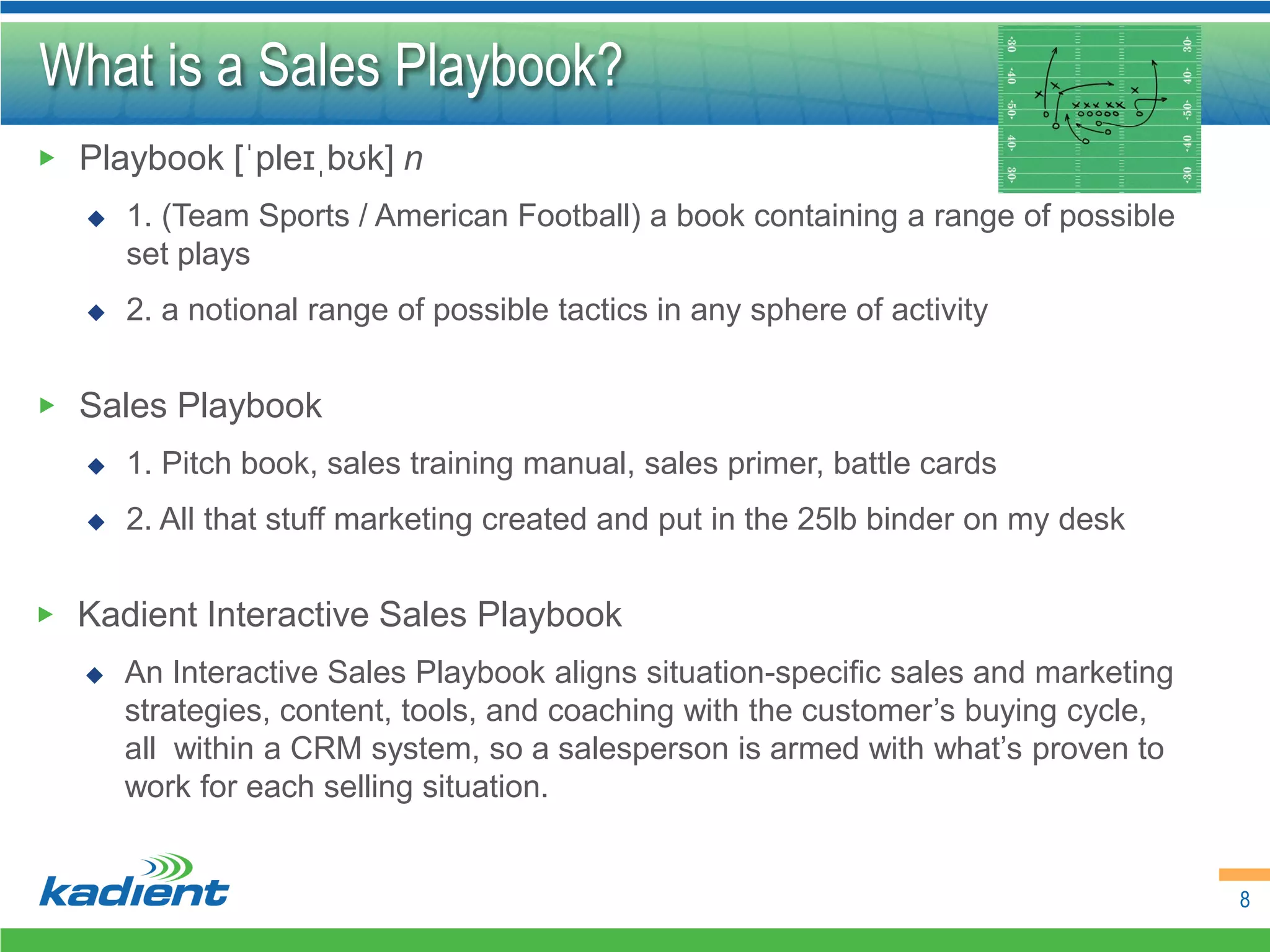 What is a Sales Playbook?
▶ Playbook [ˈpleɪˌbʊk] n
      1. (Team Sports / American Football) a book containing a range of possible
       set plays
      2. a notional range of possible tactics in any sphere of activity


▶ Sales Playbook
      1. Pitch book, sales training manual, sales primer, battle cards
      2. All that stuff marketing created and put in the 25lb binder on my desk


▶ Kadient Interactive Sales Playbook
      An Interactive Sales Playbook aligns situation-specific sales and marketing
       strategies, content, tools, and coaching with the customer’s buying cycle,
       all within a CRM system, so a salesperson is armed with what’s proven to
       work for each selling situation.


                                                                                     8
 