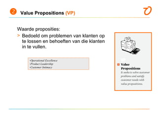  Value Propositions (VP)
Waarde proposities:
> Bedoeld om problemen van klanten op
te lossen en behoeften van die klanten...