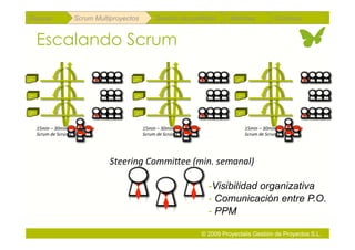 Repaso                        Scrum Multiproyectos              Gestión de portfolios    Métricas                   Coloquio


           Escalando Scrum

Histori                                         Histori                                     Histori
as                                              as                                          as




 Histori                                         Histori                                     Histori
 as                                              as                                          as




 Histori                                         Histori                                     Histori
 as                                              as                                          as




           15min – 30min                                   15min – 30min                               15min – 30min 
           Scrum de Scrums                                 Scrum de Scrums                             Scrum de Scrums 




                                         Steering CommiDee (min. semanal) 

                                                                                  -  isibilidad organizativa
                                                                                   V
                                                                                  - Comunicación entre P.O.
                                                                                  - PPM

                                                                               © 2009 Proyectalis Gestión de Proyectos S.L.
 