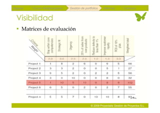 Repaso   Scrum Multiproyectos   Gestión de portfolios    Métricas        Coloquio


 Visibilidad
   Matrices de evaluación




                                               © 2009 Proyectalis Gestión de Proyectos S.L.
 