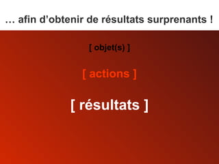 [ actions ] [ résultats ] [ objet(s) ] …  afin d’obtenir de résultats surprenants ! 