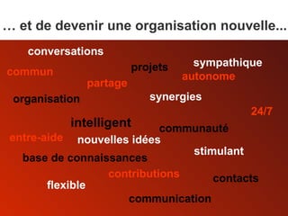 intelligent entre-aide 24/7 flexible sympathique stimulant partage conversations contributions organisation projets contacts …  et de devenir une organisation nouvelle... communication synergies base de connaissances communauté autonome commun nouvelles idées 