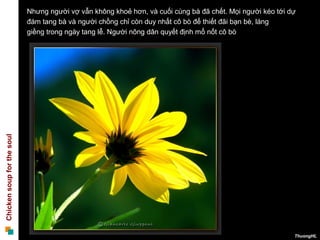 Nhưng người vợ vẫn không khoẻ hơn, và cuối cùng bà đã chết. Mọi người kéo tới dự
                            đám tang bà và người chồng chỉ còn duy nhất cô bò để thiết đãi bạn bè, láng
                            giềng trong ngày tang lễ. Người nông dân quyết định mổ nốt cô bò
Chicken soup for the soul




                                                                                                           ThuongHL
 