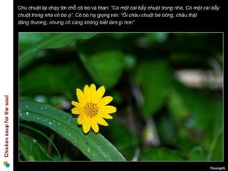 Chú chuột lại chạy tới chỗ cô bò và than: “Có một cái bẫy chuột trong nhà. Có một cái bẫy
                            chuột trong nhà cô bò ạ”. Cô bò hạ giọng nói: “Ôi cháu chuột bé bỏng, cháu thật
                            đáng thương, nhưng cô cũng không biết làm gì hơn”
Chicken soup for the soul




                                                                                                                ThuongHL
 