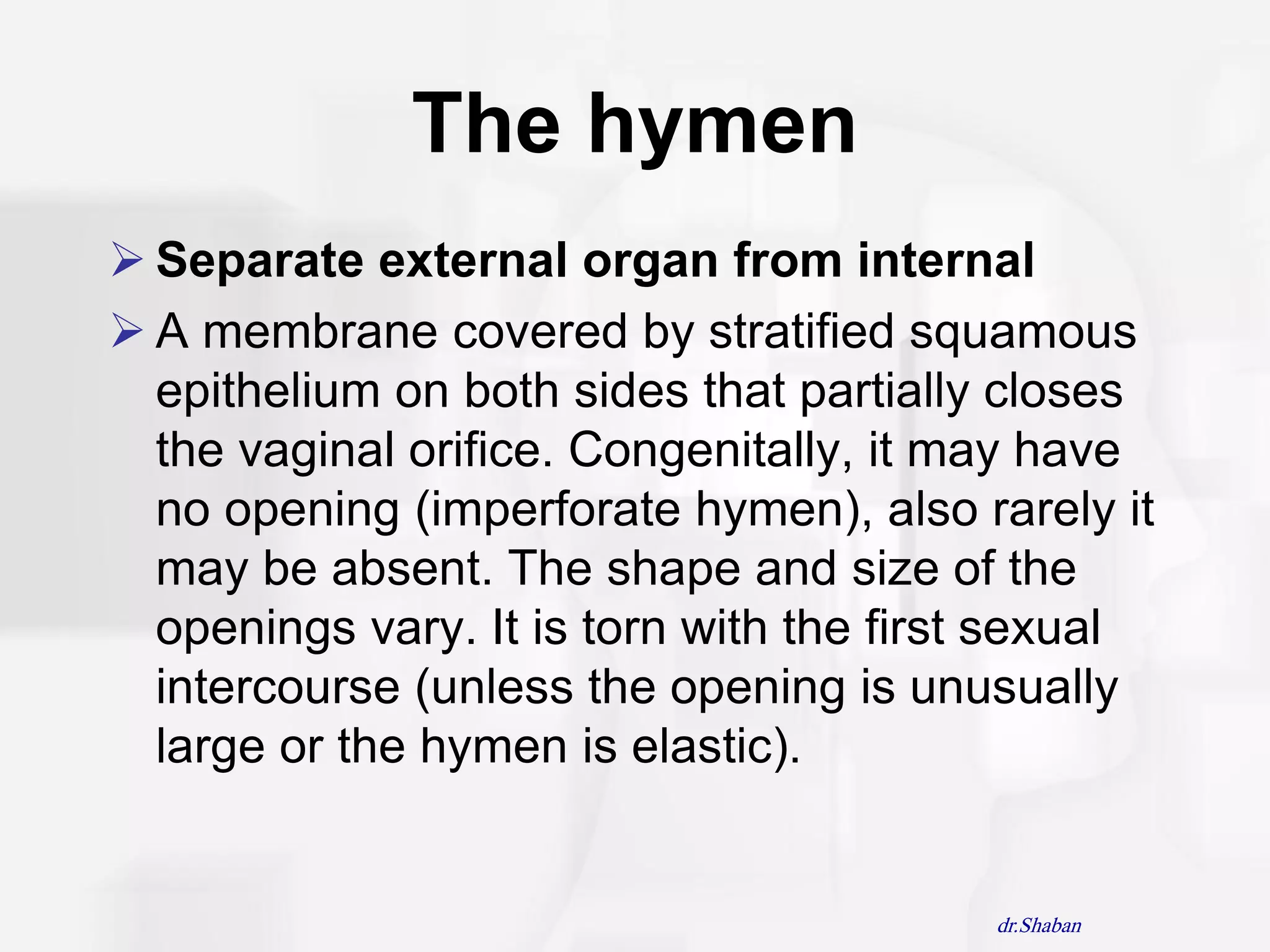 The hymen
 Separate external organ from internal
 A membrane covered by stratified squamous
  epithelium on both sides that partially closes
  the vaginal orifice. Congenitally, it may have
  no opening (imperforate hymen), also rarely it
  may be absent. The shape and size of the
  openings vary. It is torn with the first sexual
  intercourse (unless the opening is unusually
  large or the hymen is elastic).


                                         dr.Shaban
 