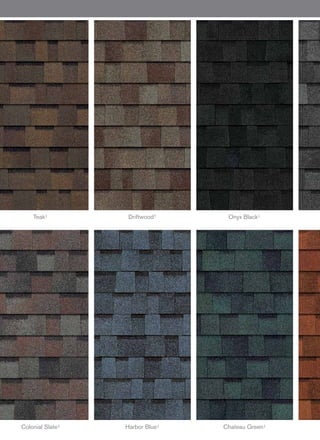 Driftwood† Slatestone Gray†
Not available in Service Areas 4, 5, 7, 9.
Terra Cotta†
Teak† Onyx Black†
Chateau Green†
Estate Gray†
Colonial Slate† Harbor Blue†
Amber†
Sierra Gray†
Desert Tan† Brownwood†
Quarry Gray†
TruDefinition™ Duration® Shingles are
specially formulated to provide greater
contrast and dimension to any roof.
Through the use of multiple granule colors and
shadowing, TruDefinition Duration Shingles
offer a truly unique and dramatic effect. This
exclusive combination of color and depth is
what makes TruDefinition Duration Shingles
like no other.
TruDefinition Duration Shingles are available
in popular colors with bold, lively contrast
and complementing shadow lines for greater
dimension. They feature a Limited Lifetime
Warranty,*/‡‡ 130-MPH Wind Resistance
Limited Warranty* and an Algae Resistance
Limited Warranty.* Beyond the outstanding
curb appeal and impressive warranty coverage,
they also come with the advanced performance
of patented SureNail®
Technology.
TruDefinition™
DuratioN
®
Shingles	 with SureNail®
Technology
The SureNail® Difference­­—
A technological breakthrough
in roofing. The innovative
features of Owens Corning™ TruDefinition
Duration Shingles with patented SureNail
Technology offer the following:
Breakthrough Design. Featuring a tough,
woven engineered reinforcing fabric to deliver
consistent fastening during installation.
Triple Layer Protection.™ A unique “triple layer”
of reinforcement occurs when the fabric overlays
the common bond of the shingle laminate layers
that offers excellent fastener holding power.
Superior Adhesion. Our enhanced Tru-Bond®‡
sealant grips tightly to the engineered fabric
nailing strip on the shingle below.
Excellent Adhesive Power. Specially formulated,
wide adhesive bands help keep shingle layers
laminated together.
Exceptional Wind Resistance. The industry’s
first asphalt roofing shingle engineered to deliver
130-MPH* wind warranty performance with only
4 nails. 33% fewer nails are required for
maximum warranty protection,1
which can mean
fewer deck penetrations.
Teak†
Teak†
Shasta White†/§
Bold contrast. Deep dimension. TruDefinition.™
Additional Colors AVAILABle by service area—see map belowColors AVAILABle in all service areas—see map below
9
7
5
4
1
Color availability map
Enhanced
Tru-Bond® Sealant
Excellent
Adhesive
Power
Triple Layer
Protection™††
SureNail® Reinforcing
Woven Fabric Nailing Area
 