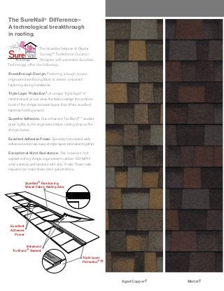 Merlot†Aged Copper†
Enhanced
Tru-Bond® Sealant
Excellent
Adhesive
Power
Triple Layer
Protection®††
SureNail® Reinforcing
Woven Fabric Nailing Area
The innovative features of Owens
Corning™ TruDeﬁnition Duration
Shingles with patented SureNail
Technology offer the following:
Breakthrough Design. Featuring a tough, woven
engineered reinforcing fabric to deliver consistent
fastening during installation.
Triple Layer Protection®
. A unique “triple layer” of
reinforcement occurs when the fabric overlays the common
bond of the shingle laminate layers that offers excellent
fastener holding power.
Superior Adhesion. Our enhanced Tru-Bond®** sealant
grips tightly to the engineered fabric nailing strip on the
shingle below.
Excellent Adhesive Power. Specially formulated, wide
adhesive bands help keep shingle layers laminated together.
Exceptional Wind Resistance. The industry’s ﬁrst
asphalt rooﬁng shingle engineered to deliver 130-MPH*
wind warranty performance with only 4 nails. Fewer nails
required can mean fewer deck penetrations.
The SureNail® Difference—
A technological breakthrough
in rooﬁng.
 