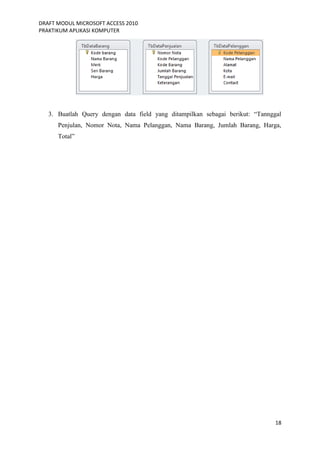 DRAFT MODUL MICROSOFT ACCESS 2010
PRAKTIKUM APLIKASI KOMPUTER
18
3. Buatlah Query dengan data field yang ditampilkan sebagai berikut: “Tannggal
Penjulan, Nomor Nota, Nama Pelanggan, Nama Barang, Jumlah Barang, Harga,
Total”
 