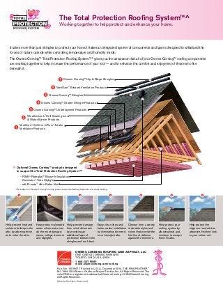Oakridge®
Driftwood†
Oakridge®
Shingles are a component of the Owens Corning™ Total Protection Roofing System.™^
Oakridge®
Shingles
Optional Owens Corning™ products designed
to support the Total Protection Roofing System™^
	 - PINK®
Fiberglas™ Blown-In Insulation
	 - Illuminator®
Tube Skylight
	 - raft-R-mate®
Attic Rafter Vent
Owens Corning™ Hip  Ridge Shingles
Owens Corning™ Shingles
VentSure®
Exhaust Ventilation Products
Owens Corning™ Underlayment Products
WeatherLock®
Self-Sealing Ice
 Water Barrier Products
VentSure®
Soffit or InFlow®
Intake
Ventilation Products
Owens Corning™ Starter Shingle Products
The Total Protection Roofing System™^
Working together to help protect and enhance your home.
Help prevent heat and
moisture buildup in the
attic by allowing fresh
air to enter the attic.
Help protect vulnerable
areas where water can
do the most damage:
eaves, valleys, dormers
and skylights.
Help prevent damage
from wind-driven rain
by providing an
additional layer of
protection between the
shingles and roof deck.
Enjoy clean lines and
faster, easier installation
by eliminating the need
to cut shingle tabs.
Choose from a variety
of durable styles and
colors that provide the
first line of defense
against the elements.
Help protect your
roofing system by
allowing heat and
moisture to escape
from the attic.
Help protect the
ridge vent and add an
attractive, finished look
to your entire roof.
2 3 4 6 751
^Excludes non-Owens Corning™ roofing products such as flashing, fasteners and wood decking.
It takes more than just shingles to protect your home. It takes an integrated system of components and layers designed to withstand the
forces of nature outside while controlling temperature and humidity inside.
The Owens Corning™ Total Protection Roofing System™^gives you the assurance that all of your Owens Corning™ roofing components
are working together to help increase the performance of your roof — and to enhance the comfort and enjoyment of those who live
beneath it.
OWENS CORNING ROOFING AND ASPHALT, LLC
ONE OWENS CORNING PARKWAY
TOLEDO, OHIO, USA 43659
1-800-GET-PINK®
www.owenscorning.com/roofing
(Atlanta, Memphis, Savannah)
Pub. No. 10019477. Printed in U.S.A. December 2014. THE PINK PANTHER™
©1964–2014 Metro-Goldwyn-Mayer Studios Inc. All Rights Reserved.The
colorPINK is a registered trademark of Owens Corning.©2014OwensCorning.
AllRightsReserved.
 