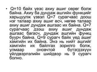 • Q=10 байх үеэс ахиу ашиг сөрөг болж
 байна. Ахиу ба дундаж ашгийн функцийг
 харьцуулж үзвэл Q=7 сурагчаас доош
 нэг талаар ахиу ашиг өсч, нөгөө талаар
 ахиу ашиг дундаж ашгаас их байна. Q=7
 сурагчаас дээш ахиу ашиг дундаж
 ашгаас багасч, дундаж ашгийн функц
 буурч байна. Q=9 сурагч байх үед ашиг
 хамгийн их байна. Энэ нь нийт ашгийг
 хамгийн их байлгах зорилго болж,
 улмаар       оновчтой      бүтэгдэхүүн
 үйлдвэрлэлийн шийдвэр нь 9 сурагч
 болно.
 