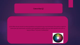 Como se hace (3)
5.-Por último, hay que mezclar los colores secundarios con los primarios para crear los terciarios. Para crearlos, se seguir los
mismos pasos que anteriormente, mezclarlos a partes igualedebens aquellos colores que están separados entre sí por un
espacio en blanco. Y este sería el resultado final.
 