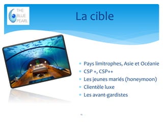 La cible







12

Pays limitrophes, Asie et Océanie
CSP +, CSP++
Les jeunes mariés (honeymoon)
Clientèle luxe
Les avant-gardistes

 