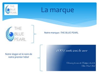 La marque
Notre marque : THE BLUE PEARL

1001 nuits sous la mer

Notre slogan et le nom de
notre premier hôtel

Découvrez les eaux du Pacifique à bord du
Blue Pearl Hotel
14

 
