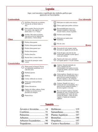 6
Ideal para ser usada como maciço
Ótima opção para jardins rochosos
Recomendada para cerca viva.
Quando trepadeira é ideal para
revestir muros, cercas ou grades
Vai bem como forração
Ideal para ser usada como
bordadura
Flor de corte
Necessita de solo sempre úmido,
devendo ser regada dia sim dia não
Gosta de água, mas não de solo
encharcado, podendo receber água 2
vezes por semana
Suporta solo mais seco, podendo
ser regada apenas 1 vez por semana
Argiloso. Quando plantada em
vaso, a mistura de solo
recomendada é de 2 partes de terra
comum de jardim, 2 de terra vegetal
e 1 de areia
Areno-argiloso. Quando em vaso, a
mistura de solo recomendada é de 1
parte de terra comum de jardim, 1
de terra vegetal e 1 de composto
orgânico ou pó de xaxim e 1 de areia
Arenoso. Quando em vaso, a
mistura de solo recomendada é de 1
parte de terra comum de jardim, 1
de terra vegetal e 2 de areia
Rico em matéria orgânica. Quando
plantada em vaso, a mistura de solo
recomendada é de 1 parte de terra
comum de jardim, 1 parte de terra
vegetal e 2 partes de composto
orgânico
Sol Pleno. Precisa de, no mínimo,
4 horas de sol direto todos os
dias
Meia-sombra. Precisa de muita
luz, porém, não suporta sol
direto entre 11 e 17 horas
Sombra. Não tolera sol direto,
mas precisa de luz indireta por,
pelo menos, 3 horas diárias
Prefere clima quente
Prefere clima quente úmido
Prefere clima quente seco
Prefere clima ameno
Prefere clima frio
Resiste bem a ventos fortes
Necessita de proteção contra
ventos
Planta anual ou bianual. Precisa
ser replantada anualmente ou a
cada dois anos
Herbácea perene
Bulbosa
Cormo, tubérculo ou rizoma
Flores que exalam perfume
agradável
Frutos decorativos
Espécie de folhas caducas. Perde
as folhas no inverno ou em
períodos de estiagem
Planta tóxica
Legendas
Aqui, você encontra o significado dos símbolos gráficos que
aparecem na Enciclopédia
Clima
Luminosidade
Característica
Solo
Regas
Uso Adequado
Árvores e Arvoretas........... 14
Coníferas........................... 51
Palmeiras........................... 58
Arbustos............................ 65
Arbustos Escandentes........ 96
Trepadeiras...................... 104
Herbáceas........................ 119
Samambaias..................... 181
Plantas Aquáticas............. 187
Bromélias......................... 190
Orquídeas....................... 197
Cactos e Suculentas......... 221
Sumário
 