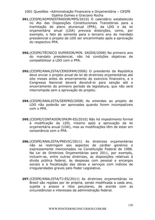 L e o n a r d o R o d r i g u e s L o u r e i 9 9 1 1 0 5 8 0 1 8 2 
1001 Questões –Administração Financeira e Orçamentária – CESPE 
Djalma Gomes e Graciano Rocha 
391. (CESPE/ADMINISTRADOR/MPS/2010) O calendário estabelecido 
no Ato das Disposições Constitucionais Transitórias para a 
tramitação do plano plurianual (PPA), da LDO e da lei 
orçamentária anual (LOA) provoca distorções, como, por 
exemplo, o fato de somente para o terceiro ano do mandato 
presidencial o projeto da LDO ser encaminhado após a aprovação 
do respectivo PPA. 
392. (CESPE/TÉCNICO SUPERIOR/MIN. SAÚDE/2008) No primeiro ano 
do mandato presidencial, não há condições objetivas de 
compatibilizar a LDO com o PPA. 
393. (CESPE/ANALISTA/CENSIPAM/2006) O presidente da República 
deve enviar o projeto anual de lei de diretrizes orçamentárias até 
oito meses antes do encerramento do exercício financeiro, e o 
Congresso Nacional deverá devolvê-lo para sanção até o 
encerramento do primeiro período da legislatura, que não será 
interrompida sem a aprovação do projeto. 
394. (CESPE/ANALISTA/SERPRO/2008) As emendas ao projeto de 
LDO não poderão ser aprovadas quando forem incompatíveis 
com o PPA. 
395. (CESPE/CONTADOR/IPAJM-ES/2010) Não há impedimento formal 
à modificação da LDO, mesmo após a aprovação da lei 
orçamentária anual (LOA), mas as modificações têm de estar em 
consonância com o PPA. 
396. (CESPE/ANALISTA/PREVIC/2011) As diretrizes orçamentárias 
não se restringem aos aspectos de caráter genérico e 
expressamente mencionados na Constituição Federal de 1988. 
Na Lei de Diretrizes Orçamentárias para 2011, por exemplo, 
incluem-se, entre outras diretrizes, as disposições relativas à 
dívida pública federal, às despesas com pessoal e encargos 
sociais e à fiscalização das obras e serviços com indícios de 
irregularidades graves pelo Poder Legislativo. 
397. (CESPE/ANALISTA/TJ-ES/2011) As diretrizes orçamentárias no 
Brasil são regidas por lei própria, sendo modificada a cada ano, 
sujeita a prazos e ritos peculiares, de acordo com as 
circunstâncias e interesses da administração federal. 
130 
WWW.PONTODOSCONCURSOS.COM.BR 
 