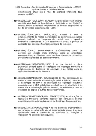 L e o n a r d o R o d r i g u e s L o u r e i 9 9 1 1 0 5 8 0 1 8 2 
1001 Questões –Administração Financeira e Orçamentária – CESPE 
Djalma Gomes e Graciano Rocha 
orçamentária anual até o final do exercício financeiro deve 
constar da LDO. 
407. (CESPE/AUDITOR/SECONT-ES/2009) As propostas orçamentárias 
parciais dos Poderes Legislativo e Judiciário e do Ministério 
Público serão elaboradas respeitando os limites estipulados na 
Lei de Diretrizes Orçamentárias (LDO). 
408. (CESPE/TÉCNICO/MIN. SAÚDE/2009) Caberá à LOA o 
estabelecimento de metas e prioridades da administração pública 
federal, incluindo as despesas de capital para o exercício 
financeiro subsequente. A LOA determinará, ainda, a política de 
aplicação das agências financeiras oficiais de fomento. 
409. (CESPE/TÉCNICO SUPERIOR/MIN. SAÚDE/2008) Além de 
permitir um debate mais profundo sobre as prioridades 
orçamentárias, a LDO deve tratar dos financiamentos concedidos 
por agências públicas de desenvolvimento. 
410. (CESPE/ANALISTA/ICMBIO/2008) A lei que instituir o plano 
plurianual disporá sobre as alterações na legislação tributária e 
estabelecerá as diretrizes, os objetivos e as metas para as 
agências financeiras de fomento. 
411. (CESPE/CONTADOR/MIN. SAÚDE/2009) O PPA compreende as 
metas e prioridades da administração pública federal, orientando 
a elaboração da LOA e as alterações na legislação tributária, 
enquanto que a LDO estabelece as diretrizes, os objetivos e as 
metas da administração pública federal, especialmente para as 
despesas de capital e outras delas decorrentes. 
412. (CESPE/ADMINISTRADOR/MIN. ESPORTE/2008) As alterações na 
legislação tributária somente poderão ser aprovadas quando 
especificamente autorizadas na Lei de Diretrizes Orçamentárias. 
413. (CESPE/ANALISTA/MCT/2008) A lei de diretrizes orçamentárias, 
por orientar a elaboração da lei orçamentária anual, é o meio 
apropriado para a concessão de subsídios ou isenções a 
vigorarem no exercício subsequente. 
132 
WWW.PONTODOSCONCURSOS.COM.BR 
 