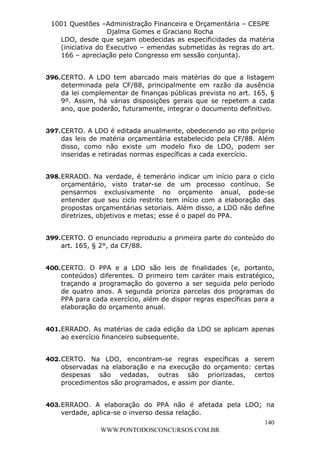L e o n a r d o R o d r i g u e s L o u r e i 9 9 1 1 0 5 8 0 1 8 2 
1001 Questões –Administração Financeira e Orçamentária – CESPE 
Djalma Gomes e Graciano Rocha 
LDO, desde que sejam obedecidas as especificidades da matéria 
(iniciativa do Executivo – emendas submetidas às regras do art. 
166 – apreciação pelo Congresso em sessão conjunta). 
396. CERTO. A LDO tem abarcado mais matérias do que a listagem 
determinada pela CF/88, principalmente em razão da ausência 
da lei complementar de finanças públicas prevista no art. 165, § 
9º. Assim, há várias disposições gerais que se repetem a cada 
ano, que poderão, futuramente, integrar o documento definitivo. 
397. CERTO. A LDO é editada anualmente, obedecendo ao rito próprio 
das leis de matéria orçamentária estabelecido pela CF/88. Além 
disso, como não existe um modelo fixo de LDO, podem ser 
inseridas e retiradas normas específicas a cada exercício. 
398. ERRADO. Na verdade, é temerário indicar um início para o ciclo 
orçamentário, visto tratar-se de um processo contínuo. Se 
pensarmos exclusivamente no orçamento anual, pode-se 
entender que seu ciclo restrito tem início com a elaboração das 
propostas orçamentárias setoriais. Além disso, a LDO não define 
diretrizes, objetivos e metas; esse é o papel do PPA. 
399. CERTO. O enunciado reproduziu a primeira parte do conteúdo do 
400. CERTO. O PPA e a LDO são leis de finalidades (e, portanto, 
conteúdos) diferentes. O primeiro tem caráter mais estratégico, 
traçando a programação do governo a ser seguida pelo período 
de quatro anos. A segunda prioriza parcelas dos programas do 
PPA para cada exercício, além de dispor regras específicas para a 
elaboração do orçamento anual. 
401. ERRADO. As matérias de cada edição da LDO se aplicam apenas 
402. CERTO. Na LDO, encontram-se regras específicas a serem 
observadas na elaboração e na execução do orçamento: certas 
despesas são vedadas, outras são priorizadas, certos 
procedimentos são programados, e assim por diante. 
403. ERRADO. A elaboração do PPA não é afetada pela LDO; na 
140 
art. 165, § 2°, da CF/88. 
ao exercício financeiro subsequente. 
verdade, aplica-se o inverso dessa relação. 
WWW.PONTODOSCONCURSOS.COM.BR 
 