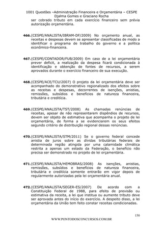 L e o n a r d o R o d r i g u e s L o u r e i 9 9 1 1 0 5 8 0 1 8 2 
1001 Questões –Administração Financeira e Orçamentária – CESPE 
Djalma Gomes e Graciano Rocha 
ser cobrado tributo em cada exercício financeiro sem prévia 
autorização orçamentária. 
466. (CESPE/ANALISTA/IBRAM-DF/2009) No orçamento anual, as 
receitas e despesas devem se apresentar classificadas de modo a 
identificar o programa de trabalho do governo e a política 
econômico-financeira. 
467. (CESPE/CONTADOR/FUB/2009) Em caso de a lei orçamentária 
prever deficit, a realização da despesa ficará condicionada à 
identificação e obtenção de fontes de recursos, a serem 
aprovados durante o exercício financeiro de sua execução. 
468. (CESPE/ACE/TCU/2007) O projeto da lei orçamentária deve ser 
acompanhado do demonstrativo regionalizado dos efeitos sobre 
as receitas e despesas, decorrentes de isenções, anistias, 
remissões, subsídios e benefícios de natureza financeira, 
tributária e creditícia. 
469. (CESPE/ANALISTA/TST/2008) As chamadas renúncias de 
receitas, apesar de não representarem dispêndios de recursos, 
devem ser objeto de estimativa que acompanha o projeto de lei 
orçamentária, de forma a se evidenciarem os seus efeitos 
segundo critério de distribuição regional dessas renúncias. 
470. (CESPE/ANALISTA/STM/2011) Se o governo federal concede 
anistia de juros sobre as dívidas tributárias federais de 
determinada região atingida por uma calamidade climática 
restrita a apenas um estado da Federação, o benefício não 
precisa ser demonstrado no projeto de lei orçamentária. 
471. (CESPE/ANALISTA/HEMOBRAS/2008) As isenções, anistias, 
remissões, subsídios e benefícios de natureza financeira, 
tributária e creditícia somente entrarão em vigor depois de 
regularmente autorizadas pela lei orçamentária anual. 
472. (CESPE/ANALISTA/SEGER-ES/2007) De acordo com a 
Constituição Federal de 1988, para efeito de previsão ou 
estimativa da receita, a lei que institua ou aumente tributo deve 
ser aprovada antes do início do exercício. A despeito disso, a lei 
orçamentária da União tem feito constar receitas condicionadas. 
150 
WWW.PONTODOSCONCURSOS.COM.BR 
 