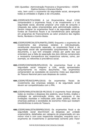 L e o n a r d o R o d r i g u e s L o u r e i 9 9 1 1 0 5 8 0 1 8 2 
1001 Questões –Administração Financeira e Orçamentária – CESPE 
Djalma Gomes e Graciano Rocha 
voto, bem como o orçamento da seguridade social, abrangendo 
todas as entidades e órgãos a ela vinculados. 
481. (CESPE/ACE/TCU/2008) A Lei Orçamentária Anual (LOA) 
compreenderá o orçamento fiscal, o de investimento e o da 
seguridade social, devendo propiciar uma visão de conjunto e 
integrada das ações empreendidas pela administração pública. 
Devem integrar os orçamentos fiscal e da seguridade social os 
fundos de incentivos fiscais e as transferências para aplicação 
em programas de financiamento ao setor produtivo das regiões 
Norte, Nordeste e Centro-Oeste. 
482. (CESPE/ESPECIALISTA/ANATEL/2009) Enquanto o orçamento de 
investimento das empresas estatais é individualizado, 
constituindo documento separado, os orçamentos fiscal e da 
seguridade social são apresentados conjuntamente no mesmo 
documento, o que tem ensejado críticas por parte dos que 
entendem que a falta de separação dos dois últimos compromete 
a necessária transparência dos respectivos valores, como, por 
exemplo, os referentes à previdência social. 
483. (CESPE/CONTADOR/DPU/2010) Os orçamentos fiscal e da 
seguridade social integram a LOA, sendo apresentados 
conjuntamente no mesmo documento. Tais orçamentos 
compreendem as sociedades de economia mista que dependam 
do Tesouro Nacional para suas despesas de custeio. 
484. (CESPE/TÉCNICO/MPU/2010) Os orçamentos fiscais de 
investimento das empresas estatais e da seguridade social 
devem ser compatibilizados com o PPA. 
485. (CESPE/ANALISTA/SECGE-PE/2010) O orçamento fiscal abrange 
todas as receitas e despesas dos poderes, seus fundos, órgãos e 
entidades da administração direta, das autarquias e das 
fundações mantidas e instituídas pelo poder público, além de 
empresas públicas e sociedades de economia mista que recebam 
transferências à conta do Tesouro. 
486. (CESPE/ANALISTA/SERPRO/2010) Os orçamentos fiscal e da 
seguridade social discriminam as despesas por unidade 
orçamentária, detalhadas por categoria de programação em seu 
menor nível e com suas respectivas dotações, enquanto que o 
orçamento de investimento é apresentado somente pelo maior 
152 
WWW.PONTODOSCONCURSOS.COM.BR 
 