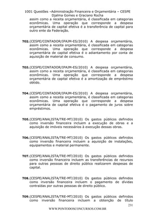 L e o n a r d o R o d r i g u e s L o u r e i 9 9 1 1 0 5 8 0 1 8 2 
1001 Questões –Administração Financeira e Orçamentária – CESPE 
Djalma Gomes e Graciano Rocha 
assim como a receita orçamentária, é classificada em categorias 
econômicas. Uma operação que corresponde a despesa 
orçamentária de capital efetiva é a transferência de capital para 
outro ente da Federação. 
702. (CESPE/CONTADOR/IPAJM-ES/2010) A despesa orçamentária, 
assim como a receita orçamentária, é classificada em categorias 
econômicas. Uma operação que corresponde a despesa 
orçamentária de capital efetiva é o adiantamento por conta de 
aquisição de material de consumo. 
703. (CESPE/CONTADOR/IPAJM-ES/2010) A despesa orçamentária, 
assim como a receita orçamentária, é classificada em categorias 
econômicas. Uma operação que corresponde a despesa 
orçamentária de capital efetiva é a amortização de empréstimo 
obtido. 
704. (CESPE/CONTADOR/IPAJM-ES/2010) A despesa orçamentária, 
assim como a receita orçamentária, é classificada em categorias 
econômicas. Uma operação que corresponde a despesa 
orçamentária de capital efetiva é o pagamento de juros sobre 
empréstimos. 
705. (CESPE/ANALISTA/TRE-MT/2010) Os gastos públicos definidos 
como inversão financeira incluem a execução de obras e a 
aquisição de imóveis necessários à execução dessas obras. 
706. (CESPE/ANALISTA/TRE-MT/2010) Os gastos públicos definidos 
como inversão financeira incluem a aquisição de instalações, 
equipamentos e material permanente. 
707. (CESPE/ANALISTA/TRE-MT/2010) Os gastos públicos definidos 
como inversão financeira incluem as transferências de recursos 
para outras pessoas de direito público realizarem despesas de 
capital. 
708. (CESPE/ANALISTA/TRE-MT/2010) Os gastos públicos definidos 
como inversão financeira incluem o pagamento de dívidas 
contraídas por outras pessoas de direito público. 
709. (CESPE/ANALISTA/TRE-MT/2010) Os gastos públicos definidos 
como inversão financeira incluem a obtenção de título 
231 
WWW.PONTODOSCONCURSOS.COM.BR 
 