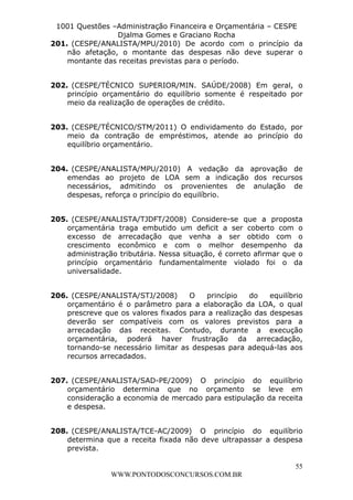 L e o n a r d o R o d r i g u e s L o u r e i 9 9 1 1 0 5 8 0 1 8 2 
1001 Questões –Administração Financeira e Orçamentária – CESPE 
Djalma Gomes e Graciano Rocha 
201. (CESPE/ANALISTA/MPU/2010) De acordo com o princípio da 
não afetação, o montante das despesas não deve superar o 
montante das receitas previstas para o período. 
202. (CESPE/TÉCNICO SUPERIOR/MIN. SAÚDE/2008) Em geral, o 
princípio orçamentário do equilíbrio somente é respeitado por 
meio da realização de operações de crédito. 
203. (CESPE/TÉCNICO/STM/2011) O endividamento do Estado, por 
meio da contração de empréstimos, atende ao princípio do 
equilíbrio orçamentário. 
204. (CESPE/ANALISTA/MPU/2010) A vedação da aprovação de 
emendas ao projeto de LOA sem a indicação dos recursos 
necessários, admitindo os provenientes de anulação de 
despesas, reforça o princípio do equilíbrio. 
205. (CESPE/ANALISTA/TJDFT/2008) Considere-se que a proposta 
orçamentária traga embutido um deficit a ser coberto com o 
excesso de arrecadação que venha a ser obtido com o 
crescimento econômico e com o melhor desempenho da 
administração tributária. Nessa situação, é correto afirmar que o 
princípio orçamentário fundamentalmente violado foi o da 
universalidade. 
206. (CESPE/ANALISTA/STJ/2008) O princípio do equilíbrio 
orçamentário é o parâmetro para a elaboração da LOA, o qual 
prescreve que os valores fixados para a realização das despesas 
deverão ser compatíveis com os valores previstos para a 
arrecadação das receitas. Contudo, durante a execução 
orçamentária, poderá haver frustração da arrecadação, 
tornando-se necessário limitar as despesas para adequá-las aos 
recursos arrecadados. 
207. (CESPE/ANALISTA/SAD-PE/2009) O princípio do equilíbrio 
orçamentário determina que no orçamento se leve em 
consideração a economia de mercado para estipulação da receita 
e despesa. 
208. (CESPE/ANALISTA/TCE-AC/2009) O princípio do equilíbrio 
determina que a receita fixada não deve ultrapassar a despesa 
prevista. 
55 
WWW.PONTODOSCONCURSOS.COM.BR 
 