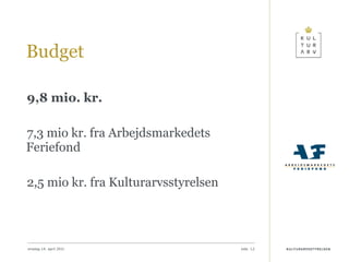Budget 9,8 mio. kr. 7,3 mio kr. fra Arbejdsmarkedets Feriefond 2,5 mio kr. fra Kulturarvsstyrelsen onsdag 14. april 2010 