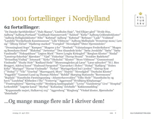 62 fortællinger :  "De Danske Spritfabrikker","Hals Skanse","Lindholm Høje", "Srd Elkjær gård" "Hvide Hus, Aalborg""Aalborg Portland" "Godthaab Hammerværk" "Sulsted" "Kirke""Aalborg Gråbrødrekloster" "Aalborg Helligåndskloster" Nibe" "Købstad" Aalborg" "Købstad" "Refsnæs" "Lade" "Voldsted" "Landsby"Nordjyllands Kunstmuseum" "Lille Vildmose" "Aalborg Mølleplads "Svenstrup mose/ Lere sig" "Ålborg Tårnet" "Hjallerup marked" "Voergård" "Hovedgård""Øster Hjermmitslev"  "Dronninglund Sogn" "Rampen" "Skagens 3 fyr" "Donbæk” "Valutaslangen Frederikshavn" "Skagen og Brøndums Hotel"  "Blakshøj" "Jættestue" "Den tilsandede kirke" "Sæby Jernkilde" "Sæby" "Sæby Vandmølle" "Fiskepakhuse" "Løgten Mark" "Nørre Lyngby Kirkegård" "Børglum Kloster" "Sindal" "Lønstrup fiskerleje" Bjørnkær" " "Gjøl" "Fiskerleje" Thorup Strand"  "Svinkløv Badehotel" "Hvisselhøj/Visihøj" "Jetsmark" "Kirke""Oksholm" "Kloster" "Store Vildmose" "Grønnestrand Vindmølle" "Husby Hole" "Rødland Hede" "Museumsgården på Læsø" "Læsø saltsyderi" "H.I. Bies Bryggeri, Adelvej kunst" "Hadsund Færgested" "Gasværket i Hobro" "Hohøj" "Katbjerg" "Hobro kirke" "Mariager" "Havnø Vindmølle"  "Fyrkat" "Mariagerfjord hul i jorden" "Alstrup Krat (""Hohøj"")" "Vils" "Gravhøj" "Skarregaard, Mors" "Højriis" "Hovedgård" "Dueholm Kloster" "Feggeklit" "Gammel Lund og Thomas Pileben" "Rebild" Skørping Stationsby "Borremosen" "Boplads" "Hanstholm Fæstningsanlæg - Atlanterhavsvolden" "Ydby Hede" "Hanstholm by og havn""Lundehøj" Klitheden i Thy" "Vestervig" "Aggersund""Hvidbjerg Klitplantage" ""Frøstruplejren" "Sjørring volde" "Stenbjerg landingsplads"  "Lovns" "Gundestrup" Livø" "Hospital" Lerkenfeldt" "Løgstør kanal" "Myrhøj" "Kultanlæg" Ertebølle" "Køkkenmødding"  "Koppesmølle mejeri, Halkærvej 103"  "Aggersborg" "Ringborg" "Vitskøl kloster, Bjørnsholm"  "Østerbølle"  … Og mange mange flere når I skriver dem! onsdag 14. april 2010 1001 fortællinger  i Nordjylland 