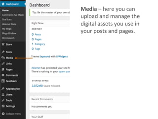 Media	
  –	
  here	
  you	
  can	
  
upload	
  and	
  manage	
  the	
  
digital	
  assets	
  you	
  use	
  in	
  
your	
  posts	
  and	
  pages.	
  	
  
 