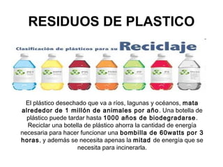 RESIDUOS DE PLASTICO




  El plástico desechado que va a ríos, lagunas y océanos, mata
alrededor de 1 millón de animales por año . Una botella de
  plástico puede tardar hasta 1000 años de biodegradarse .
  Reciclar una botella de plástico ahorra la cantidad de energía
necesaria para hacer funcionar una bombilla de 60watts por 3
horas, y además se necesita apenas la mitad de energía que se
                     necesita para incinerarla.
 