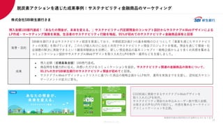 Members Co.,Ltd.
株式会社SBI新生銀行さま
預入金額100億円達成！「あなたの預金が、未来を変える。」サステナビリティ円定期預金のコンセプト設計からサステナブルWebデザインによる
LP作成・マーケティング施策を実施。生活者のサステナビリティ行動を喚起、95%が初めてのサステナビリティ金融商品保有と回答
背景・目的
SBI新生銀行さまはサステナビリティ経営を推進しており、中期経営計画3つの基本戦略のひとつとして「事業を通じたサステナビリ
ティの実現」を掲げています。このたび個人向けに当社と共同でサステナビリティ預金プロジェクトを推進。預金を通じて環境・社
会課題の解決に貢献できるという顧客体験創出を目標に、新しい預金商品の基本コンセプト・戦略企画からより多くの共感を集める
コミュニケーション設計やサステナブルWebデザインを取り入れたLPの制作・運用などを支援しました。
成果
● 預入金額（目標募集金額）100億円達成。
● 商品特性を魅力的に伝え、共感いただけるコミュニケーションを設計。サステナビリティ関連の金融商品の保有について、
95.3％の方がSBI新生銀行のサステナビリティ預金が初めてと回答。
● サステナブルWebデザインチェックリストに基づいた商品の戦略企画からLP制作、運用を実施までを支援し、認知拡大やエン
ゲージメントの拡大に寄与。
CO2削減に貢献できるサステナブルWebデザインを
取り入れたLPを制作。
サステナビリティ預金のお申込みユーザー数や預入金額、
お客さまの声をLP内で紹介し、共感を集めるマーケティン
グコミュニケーションを企画。
※取材内容は2023年11月当時のものになります
脱炭素アクションを通じた成果事例：サステナビリティ金融商品のマーケティング
14
 