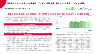 Members Co.,Ltd.
UPDATERさまが提供する国内最大級の再生可能エネルギーのプラットフォーム
「みんな電力」の基幹システムである法人向けCIS（顧客管理・料金管理・請求な
どのシステム）開発や個人契約者向けスマートフォンアプリ開発などを支援。
株式会社UPDATER システム部・マネージャーさまからのコメント
社員エンジニアや他社パートナーさんと、一緒に良いものを作ろう
とする意識が高くて、大変助かっています。UPDATERのマネジメ
ント層にも忖度せずに素直に振り返りを報告してくださいますし、
課題点も忖度無しでコメントいただけるので、互いにとても透明性
の高いチーム開発が可能になりました。技術に関しては、こういう
のを実現したいという話をすると、一緒に最適な実現方法を見つけ
てくださり、分かりやすく説明していただけるので、意思決定が行
いやすい状況を作ってくださっていると感じます。そのおかけで、
私たちマネジメントチームは全体最適の業務に集中することができ、
とても助かります。
2024年1月22日時点で開発中の法人向けマイページの一部（数値はダミーです）
新電力を支える基幹システム開発を、高い専門性とモダンな技術を取り入れたアジャイル開発で支援
メンバーズのご支援内容
• 法人向けCIS開発：サーバーレスで開発できるクラウトサービスを活用し、モ
ダンな技術も取り入れながら効率的なシステム開発、請求業務の自動化や電力
会社の切り替え手続きの円滑化、各種マスタ更新の簡素化など、複雑なオペレ
ーション業務の削減を実現。
• BPO（ビジネス・プロセス・アウトソーシング）事業：電力供給システムを新
規開発することで、BPOサービスを実現。電力買取システムの新規開発では、
発電所契約のオペレーション業務の生産性向上を実現。
• 個人向けスマートフォンアプリ開発：料金明細の表示を実現し、利便性を向上。
高い専門性を持つデジタルクリエイター、エンジニアによる専任チームが支援
• クラウドサービスを活用したサーバーレス環境での法人システム開発
• モダン技術を取り入れたアジャイル開発
• 個人向けスマートフォンアプリ開発
取り組みの成果
株式会社UPDATER（みんな電力）さま
※取材内容は2023年12月当時のものになります。
脱炭素アクションを通じた成果事例：プロダクト開発支援／基幹システム開発／アジャイル開発
17
 