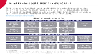 Members Co.,Ltd.
【2023年度 実施レポート】2023年度「脱炭素アクション100」主なカテゴリ
「脱炭素アクション100」は、日々の業務の中でお客さま企業へ提案や承諾がなくとも、自発的に取り組める手法を取りまとめた
リストです。サステナブルWebデザイン(※)の導入や生成AIやローコード・ノーコードツールを活用した業務効率化、 DXの推進、
バックオフィス社員が取り組める環境負荷低減のアクション等、すべての職種／所属の社員が取り組み可能なアクションで構成されて
います。メンバーズではサステナブルWebデザインのガイドラインとチェックリストを公開しています。
https://www.members.co.jp/services/ddx/
※サステナブルWebデザイン
地球の健康を優先したWebサービスをデザインするアプローチ。核となるのは、二酸化炭素の排出量とエネルギー消費量の削減への取り組み。メンバーズでは「環境に良い、ユーザーに良い、
社会によいデザイン」と定義づけしています。
1.効率性の高い
画像／動画制作
使用
6.効率性の高い
サイトグロース
10.デジタル化に
よる成果向上
15.社内企画の
オンライン化
2.効率性の高い
コーディング
プログラミング
7.最適な広告／
SNS運用
11.ツール導入による
成果向上
16.書類の電子化／
社内業務の
デジタル化の推進
3.エコフレンドリーな
サイトデザイン
8.環境負荷の小さい
ホスティング
サービスの導入
12.サステナブル商品
のプロモーション支援
による成果向上
17.オフィス環境改善
による環境負荷軽減／
交通方法の見直し
4.効率性の高い
アプリケーションの
開発
9.コミュニケーション
のオンライン化と
効率化
13.デジタルを活用し
た新規サービス／事業
開発支援
18.IT領域における
環境負荷軽減
5.UI／UXの
改善
14.LCA計測結果に
基づくビジネス
プロセスの改善
19.備品／発注に
おける環境負荷の軽減
サステナブルWebデザインや先進ツールを活用した効率的なデジタル運用による炭素削減とビジネス成果最適化
バックオフィス／自社における生産性の向上 コスト削減につながる脱炭素アクション
デジタル先端技術を活用した炭素削減とビジネス成果最大化の両立
脱炭素アクション100の主なアクションカテゴリ
7
 