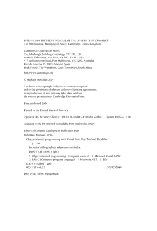Objectoriented Programming With Visual Basicnet Michael Mcmillan | PDF
