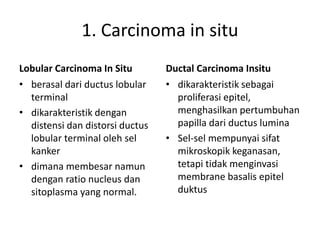 1. Carcinoma in situ
Lobular Carcinoma In Situ
• berasal dari ductus lobular
terminal
• dikarakteristik dengan
distensi dan distorsi ductus
lobular terminal oleh sel
kanker
• dimana membesar namun
dengan ratio nucleus dan
sitoplasma yang normal.
Ductal Carcinoma Insitu
• dikarakteristik sebagai
proliferasi epitel,
menghasilkan pertumbuhan
papilla dari ductus lumina
• Sel-sel mempunyai sifat
mikroskopik keganasan,
tetapi tidak menginvasi
membrane basalis epitel
duktus
 