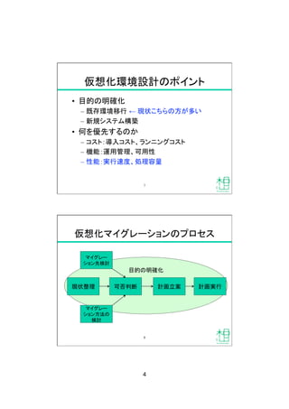 4
仮想化環境設計のポイント
•  目的の明確化
–  既存環境移行 ← 現状こちらの方が多い
–  新規システム構築
•  何を優先するのか
–  コスト：導入コスト、ランニングコスト
–  機能：運用管理、可用性
–  性能：実行速度、処理容量
7
目的の明確化
仮想化マイグレーションのプロセス
現状整理
 可否判断
 計画立案
 計画実行
マイグレー
ション先検討
マイグレー
ション方法の
検討
8
 