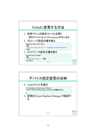 11
Virtioに変更する方法
1.  仮想マシンの設定ファイルを開く
–  設定ファイルは/etc/libvirt/qemu/の中にある
2.  ストレージ設定の書き換え
3.  ネットワーク設定の書き換え
<disk tipe=‘file’ device=‘disk’>
(略)
<target dev=‘hda’ bus=‘ide’ />→<target dev=‘vda’ bus=‘virtio’ />
</disk>
<interface type=‘bridge’>
(略)
<model type=‘virtio’ /> ←追記
</interface>
22
デバイス設定変更の反映
4.  virshコマンドを実行
5.  変更をVirtual Machine Managerで確認す
る
# virsh define /etc/libvirt/qemu/VM.xml
ドメイン VM が /etc/libvirt/qemu/VM.xml から定義されました
#
23
 