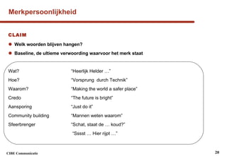Merkpersoonlijkheid CLAIM Welk woorden blijven hangen? Baseline, de ultieme verwoording waarvoor het merk staat Wat?  “Heerlijk Helder …” Hoe?  “Vorsprung  durch Technik” Waarom?  “Making the world a safer place” Credo  “The future is bright” Aansporing  “Just do it” Community building  “Mannen weten waarom” Sfeerbrenger  “Schat, staat de … koud?”  “ Sssst … Hier rijpt …” 