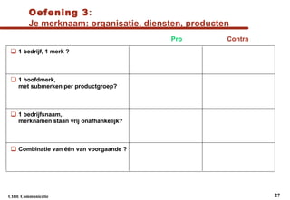 Oefening 3 : Je merknaam: organisatie, diensten, producten 1 bedrijf, 1 merk ?  1 hoofdmerk,  met submerken per productgroep? 1 bedrijfsnaam,  merknamen staan vrij onafhankelijk? Combinatie van één van voorgaande ? Pro Contra 