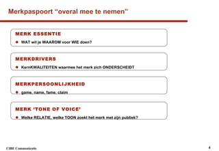 Merkpaspoort “overal mee te nemen” MERK ESSENTIE WAT wil je WAAROM voor WIE doen?  MERKDRIVERS KernKWALITEITEN waarmee het merk zich ONDERSCHEIDT MERKPERSOONLIJKHEID game, name, fame, claim MERK ‘TONE OF VOICE’ Welke RELATIE, welke TOON zoekt het merk met zijn publiek? 