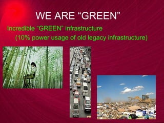 WE ARE “GREEN” Incredible “GREEN” infrastructure (10% power usage of old legacy infrastructure)  